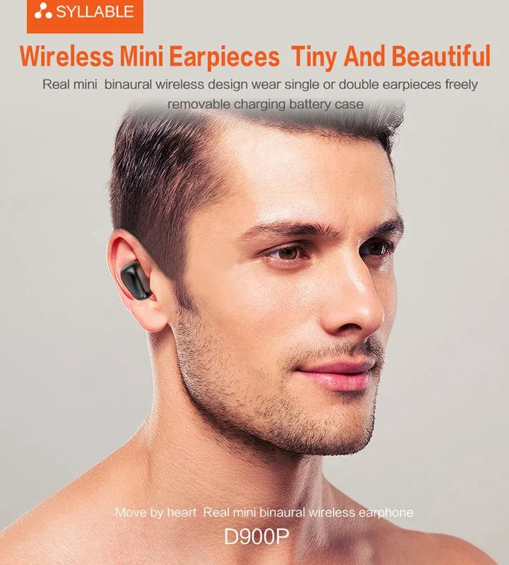 Black wireless TWS in-ear sports headphones with a compact rectangular charging case on a white background.