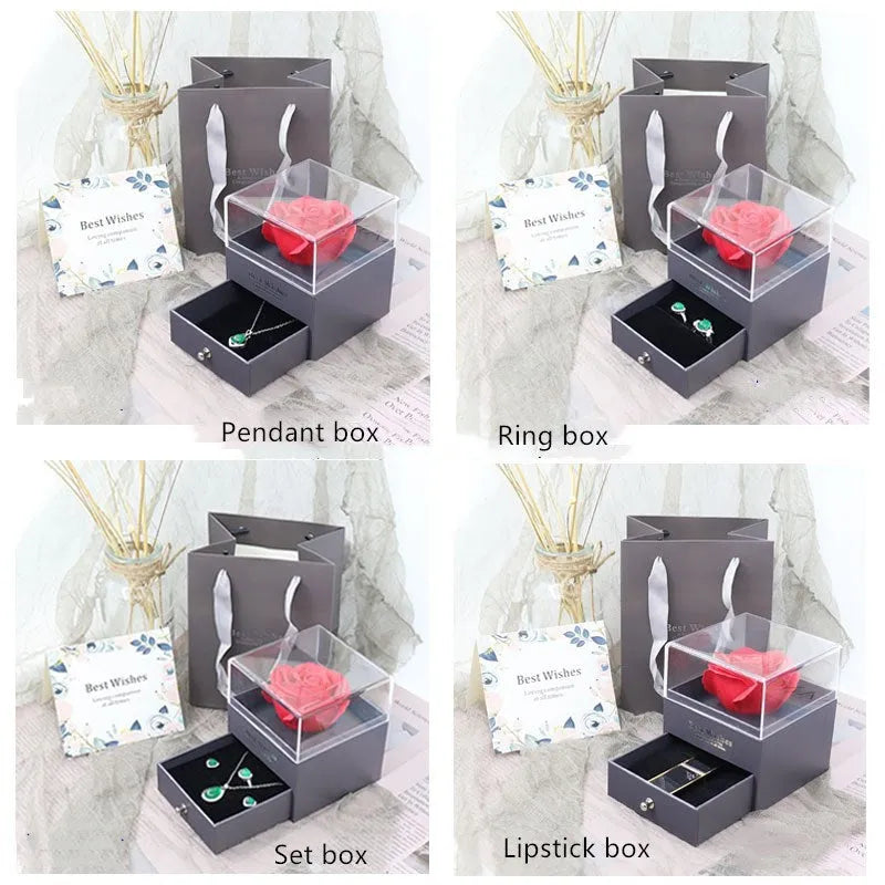 Acrylic jewellery gift box with removable flannel insert, shown in multiple colour options.