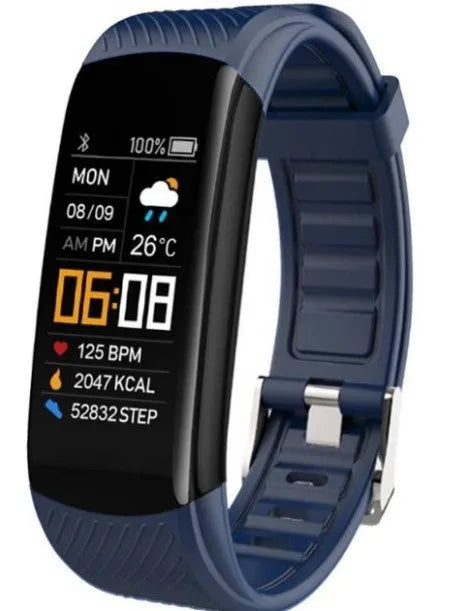 Black TPU pedometer bracelet with 0.96-inch touchscreen displaying step count on wrist
