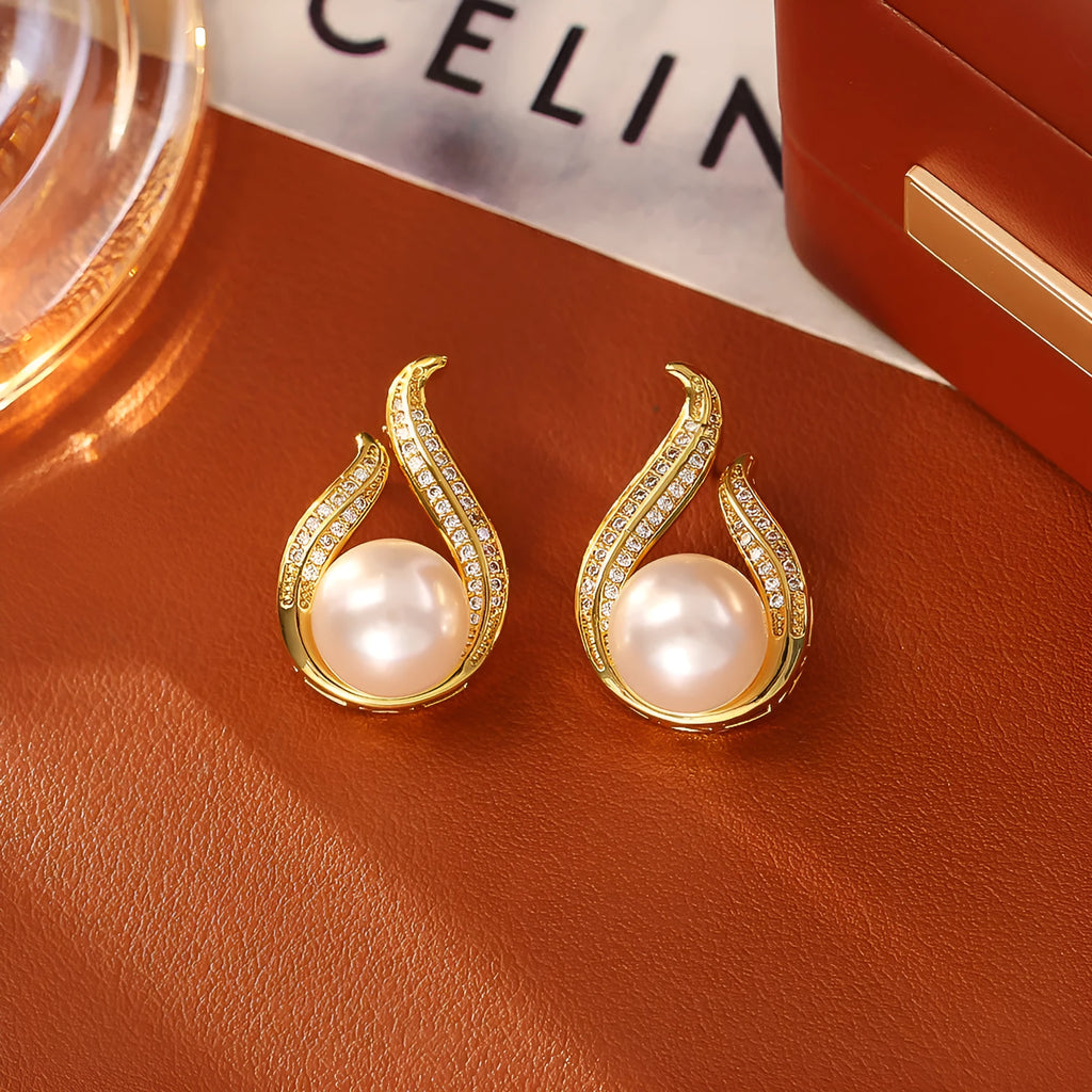 Glass pearl stud earrings with real gold plated copper, geometric round shape, shown in purple, champagne gold, gold, and silver.
