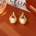 Glass pearl stud earrings with real gold plated copper, geometric round shape, shown in purple, champagne gold, gold, and silver.