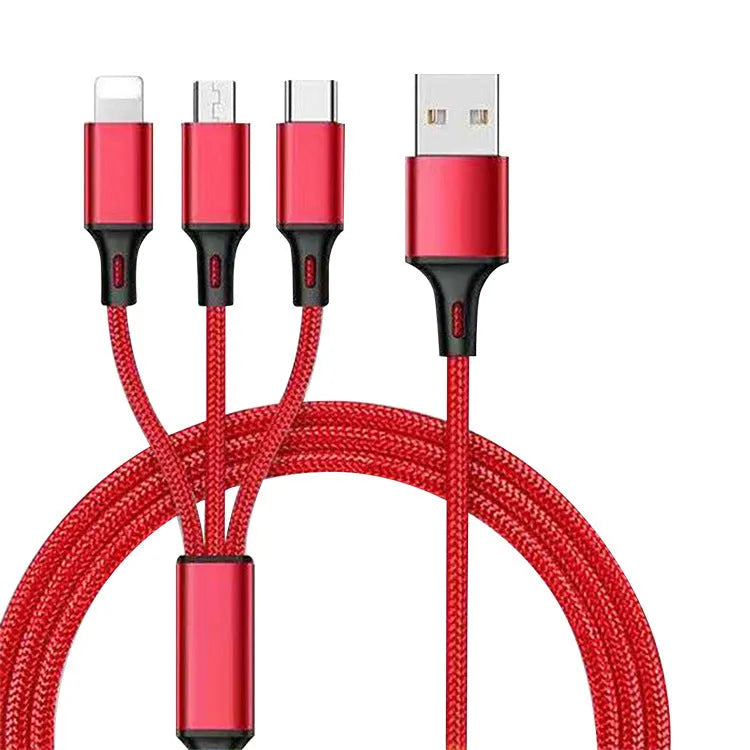 Red 3-in-1 charging cable with USB-C, Lightning, and Micro-USB tips on a 1.2m nylon braid.