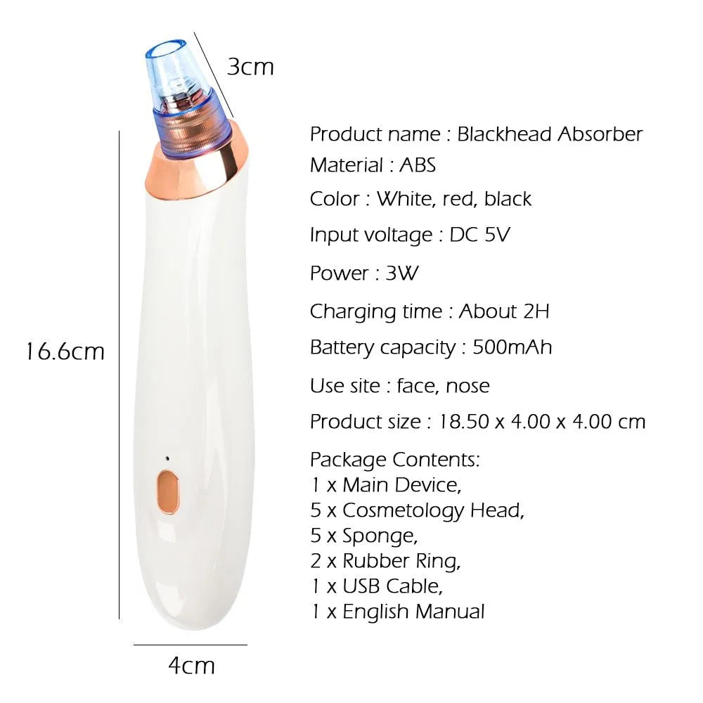 Handheld electric blackhead remover tool with multiple nozzle attachments on a white background.