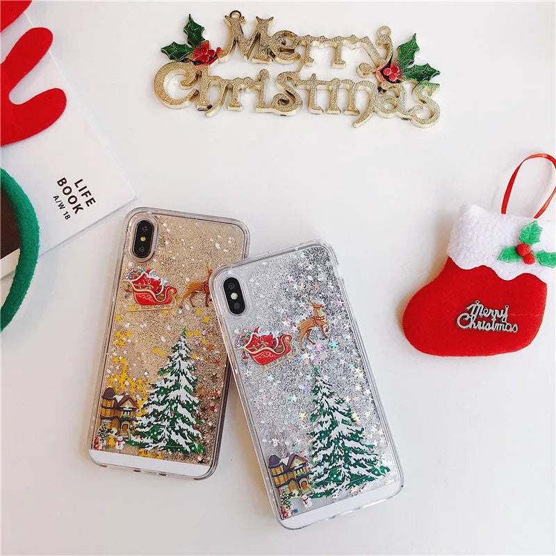 Transparent Christmas quicksand iPhone case with Santa Claus snowflake design on iPhone