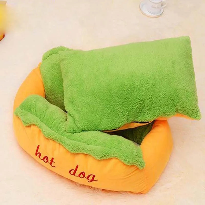 Soft flannelette removable dog bed with jean cloth border and anti-slip base in beige.