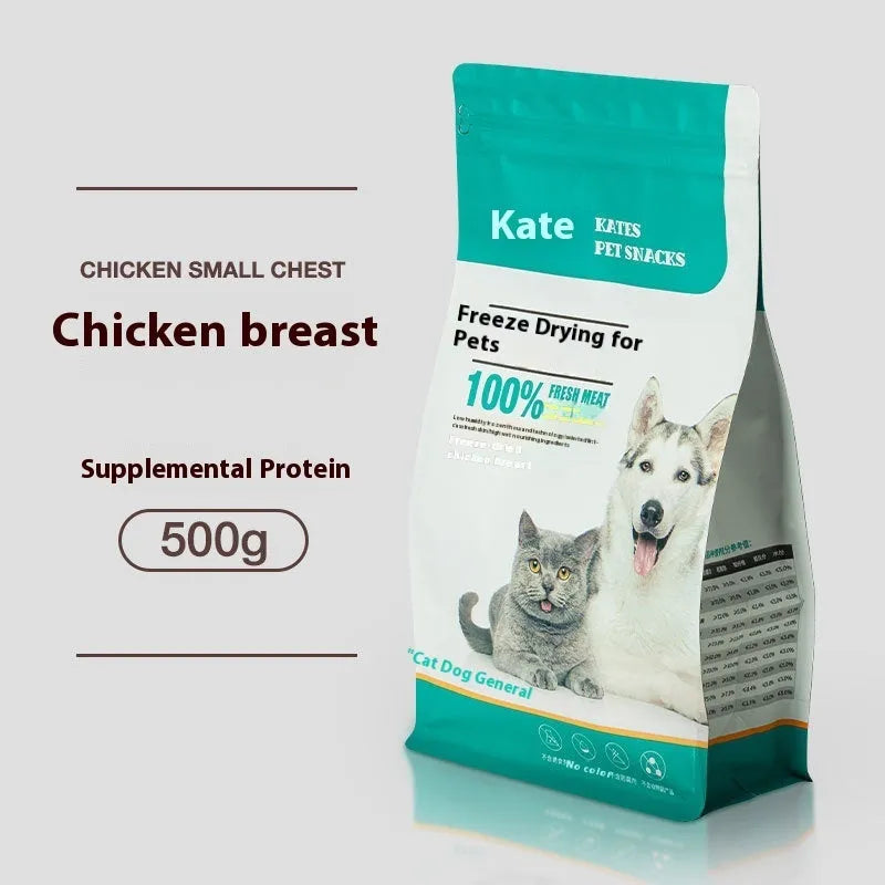 500g chicken freeze-dried cat treats in bagged and barrel packaging formats