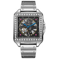 Men's automatic watch with square diamond-studded face and 6066A stainless steel or leather belt in black or white