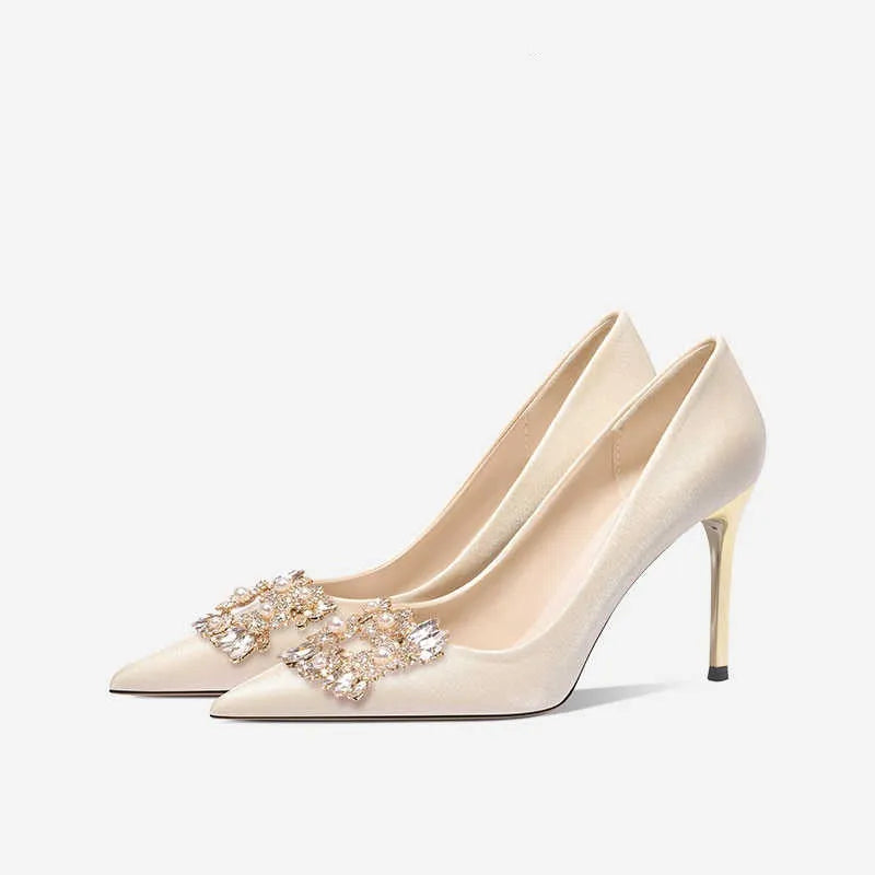 French wedding crystal bridal high heels with rhinestones on cloth upper, pointed toe, and choice of stiletto or cat heel in 5cm or 8cm heights