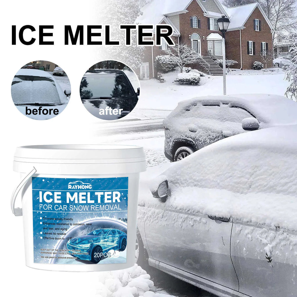 Car windscreen de-icing effervescent tablets pack with 20 tablets measuring 12.7cm by 12cm