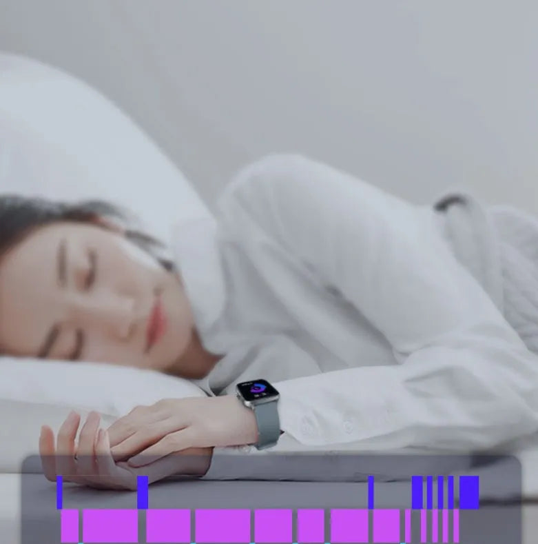 Smart watch with 1.7-inch blue touch screen on adjustable strap, showing heart rate and time display