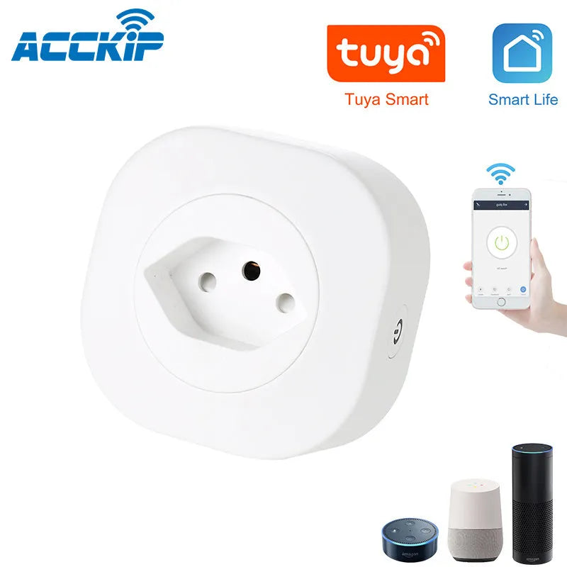 White smart socket plug with dimensions 70x70x72mm showing electrical specifications and WIFI control capability