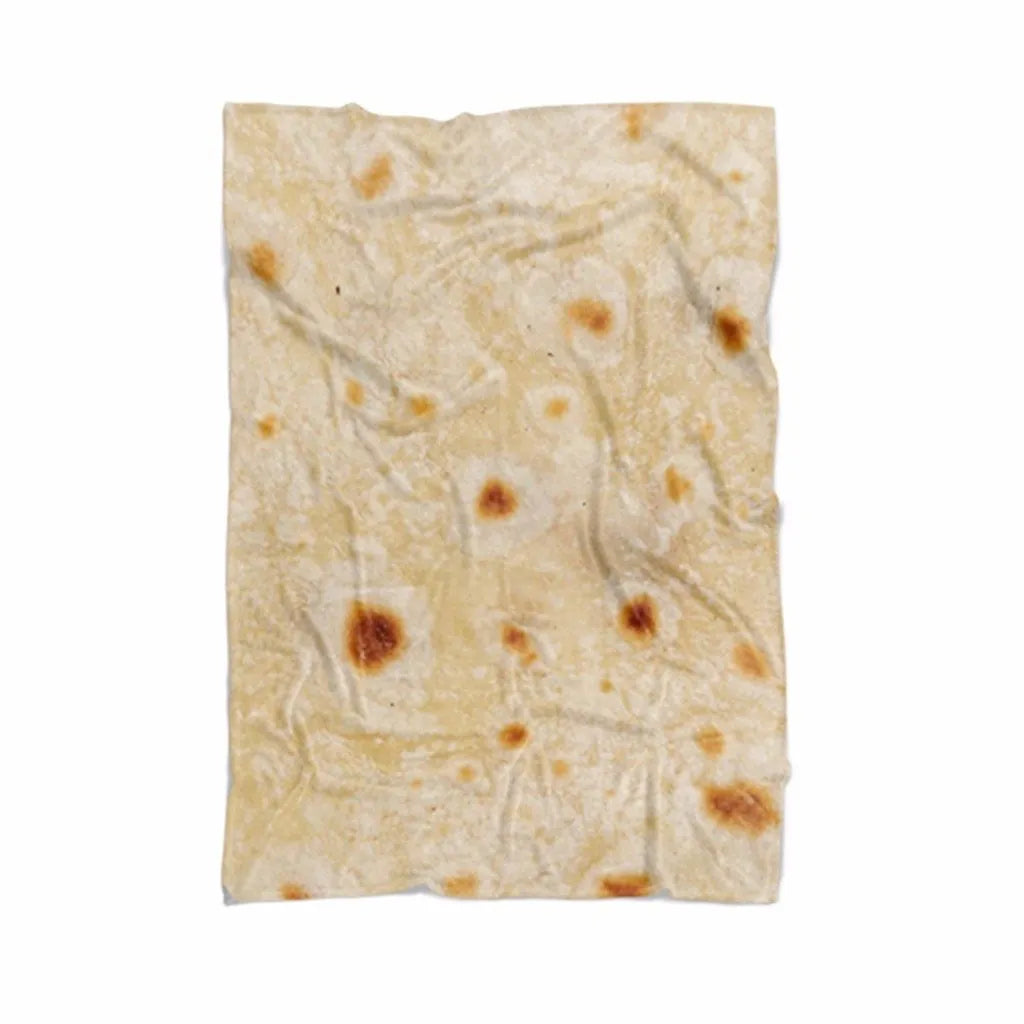 Flannel burrito blanket with food-themed print, showing soft microfiber fleece texture and round or rectangular shape options