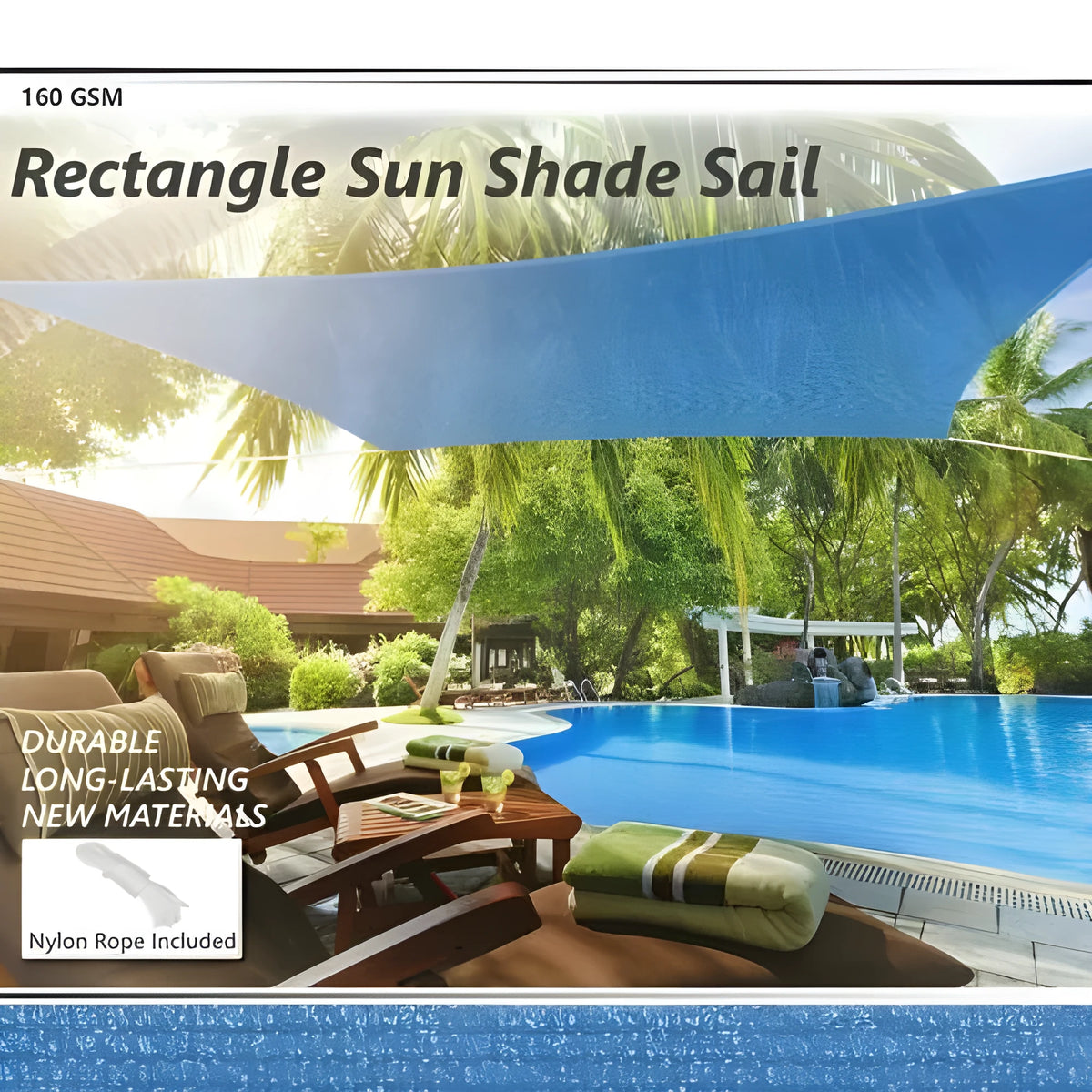 Blue waterproof polyester shade sail measuring 3x4 metres in a curved square shape.