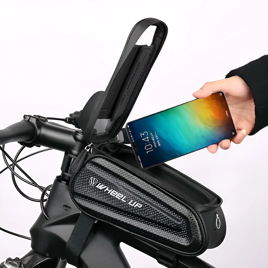 Black and grey mountain bike phone bag with reflective strips mounted on bicycle handlebars