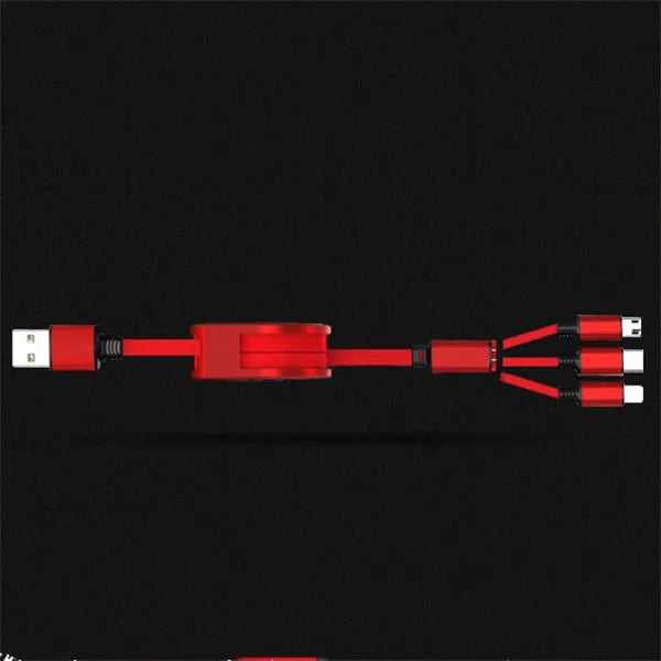 3-in-1 telescopic charging cable with TPE-coated 120cm wire and titanium alloy connectors in multiple colour options