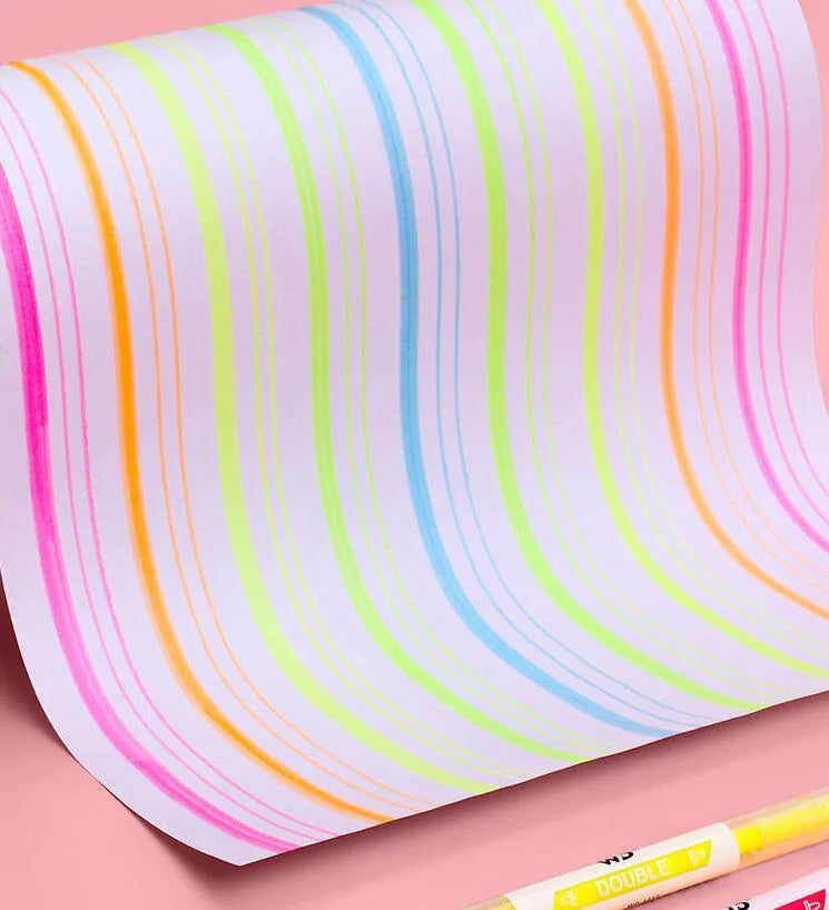 Set of 6 double-headed marker pens showing round and oblique tips in orange, purple, yellow, green, blue, and pink colours