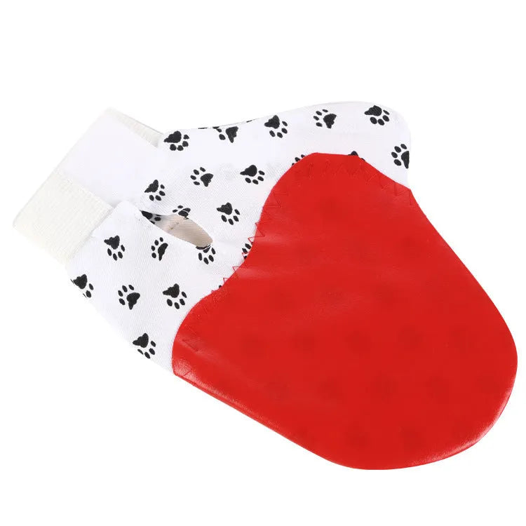 White silicone and cloth pet brush glove, 25 x 17cm, for cat and dog grooming and bathing