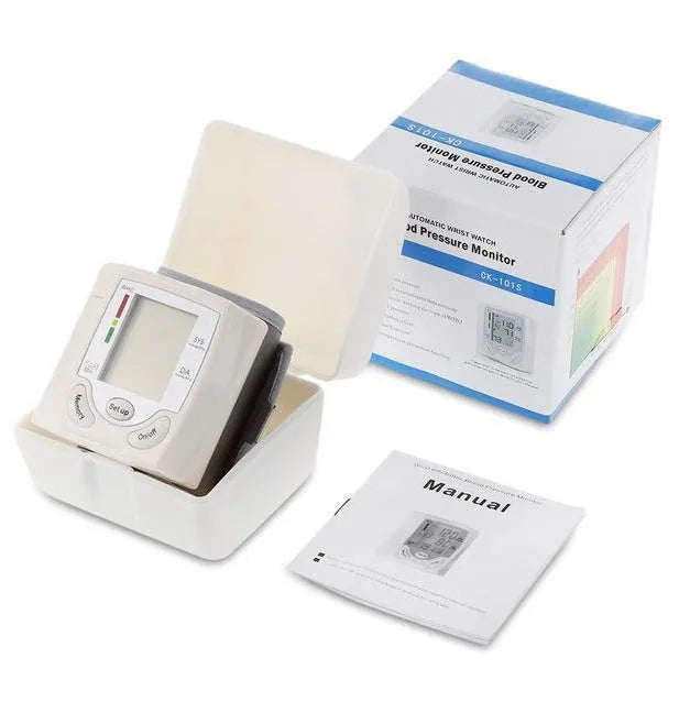 Grey portable wrist blood pressure monitor with digital display showing 70mm dimensions