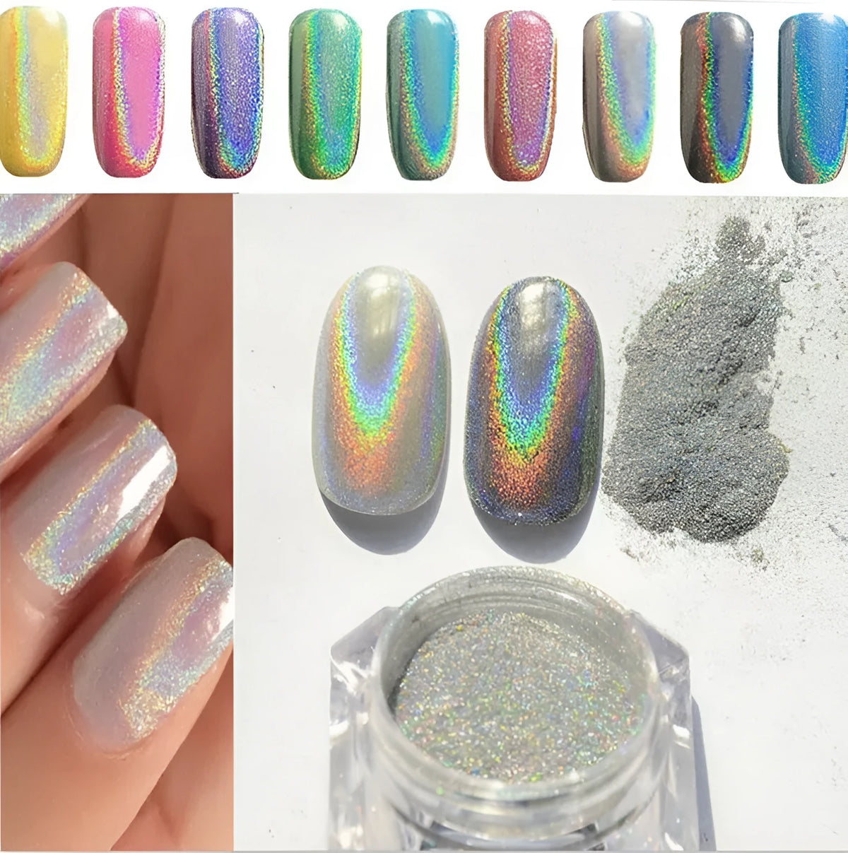 Silver nail rainbow powder laser mirror powder for UV gel nails with eyeshadow stick application and UV top coat sealing
