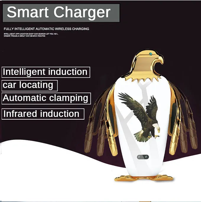 Car phone holder with wireless charging base and suction cup mount in Eagle style design