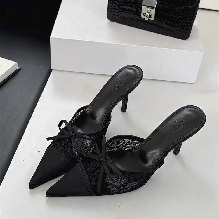 Women's lace pointed toe high heels with bowknot detail in mesh upper and rubber sole