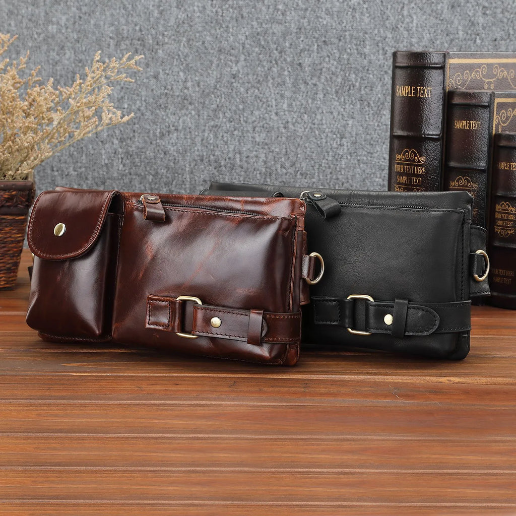 Men's black or brown leather belt bag with first layer cowhide, cotton lining, and sewing line detail.