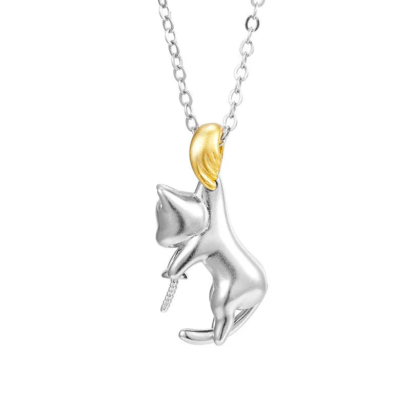 925 sterling silver clavicle chain with cat charm and electroplated finish, showing pearl bead option