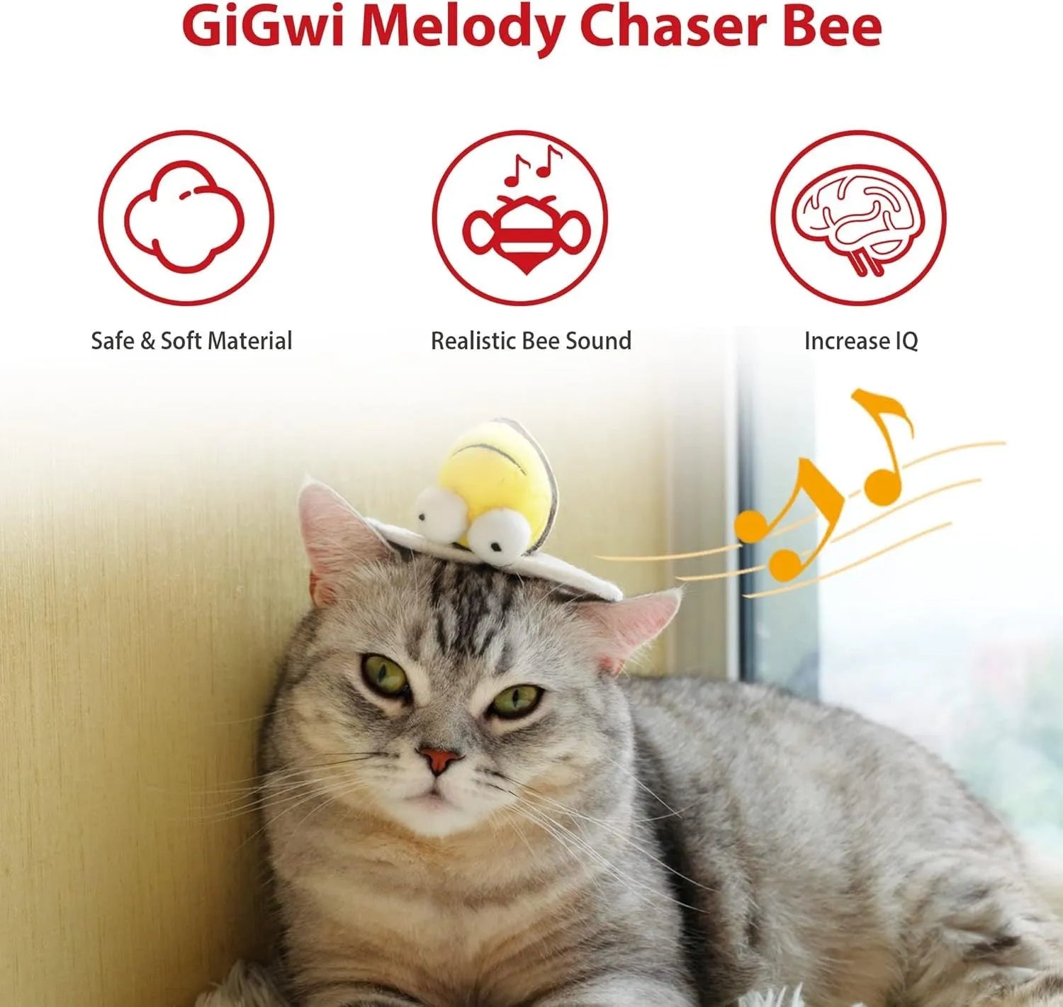 Yellow flannelette chirpy bee sound toy for cats with motion-activated squeaking, approximately 15cm long