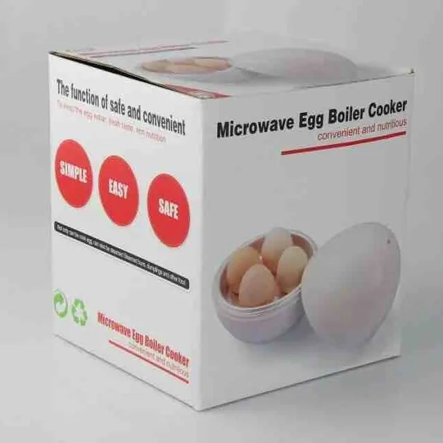 White microwave egg cooker steamer with capacity for four eggs, showing vent hole and knob.