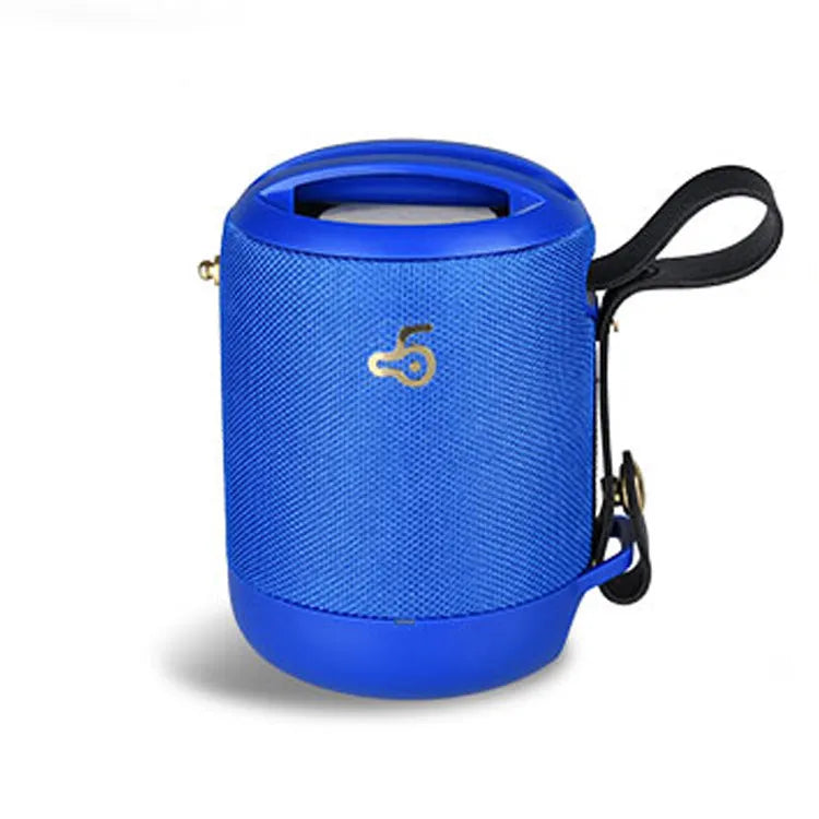Wireless portable mini waterproof card subwoofer in black, showing compact design with portable belt and button controls