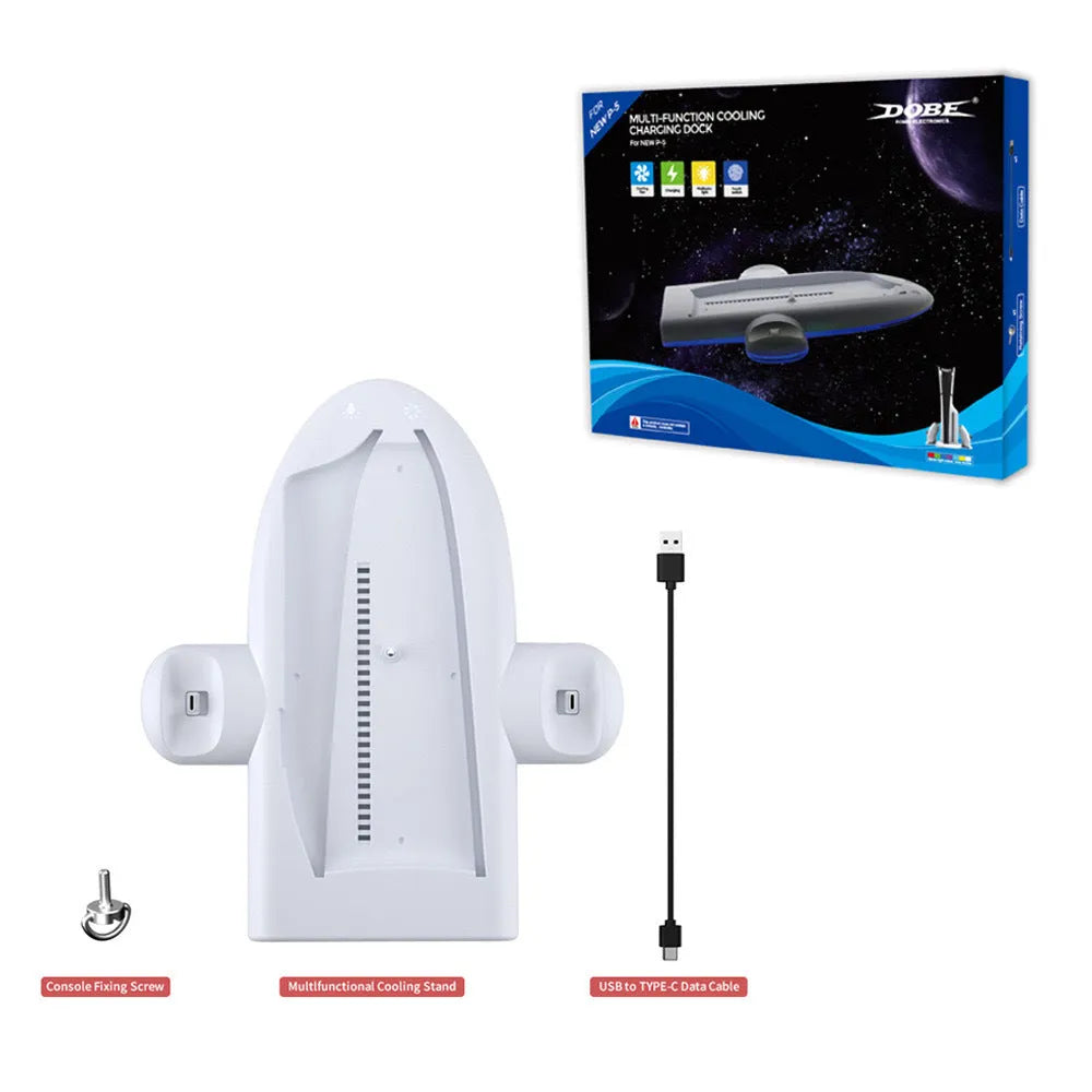 PS5 Slim multi-function cooler pad showing 29x22.8cm cooling surface with RGB lighting and charging station