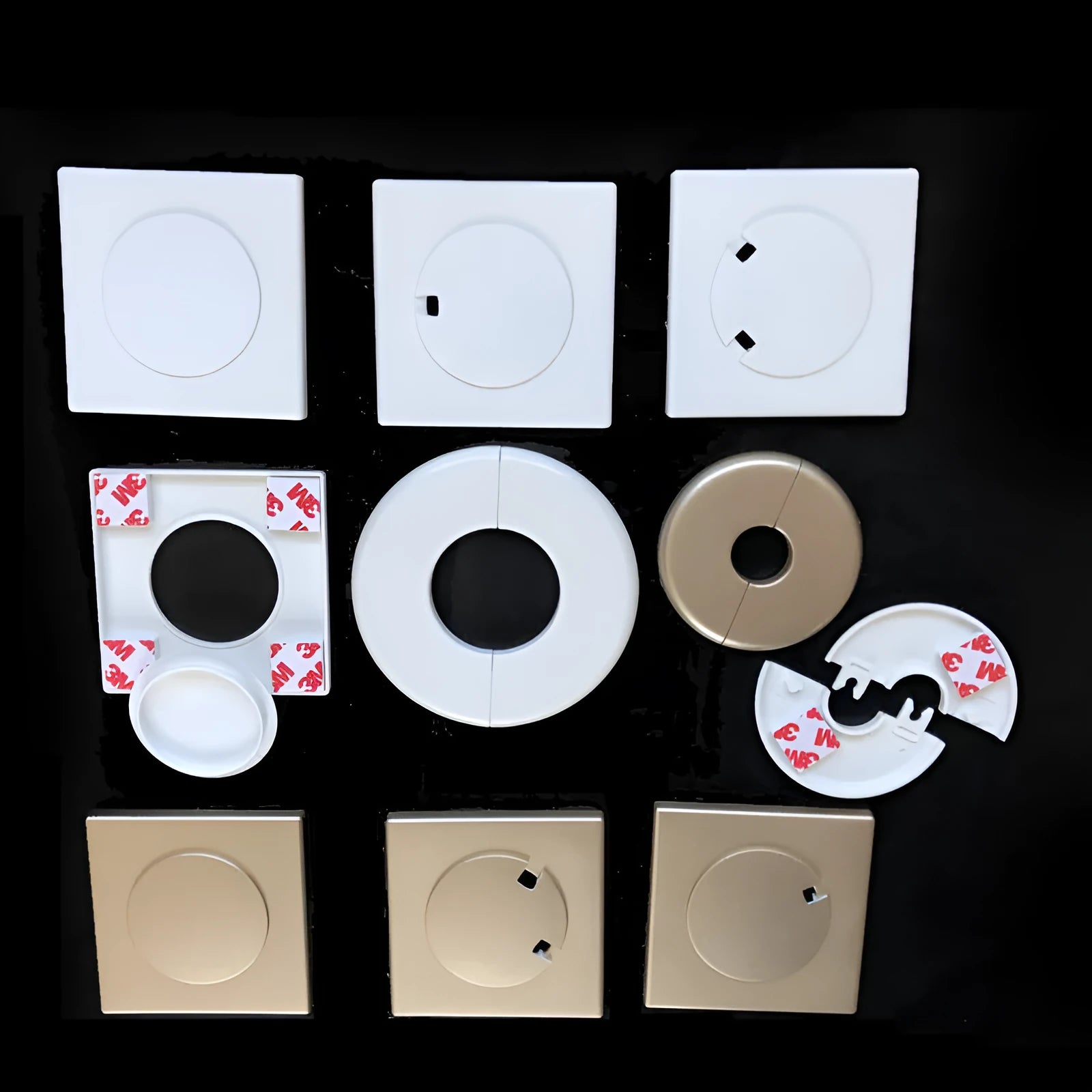 White ABS plastic decorative ring for covering wall holes, with visible 3M adhesive backing.