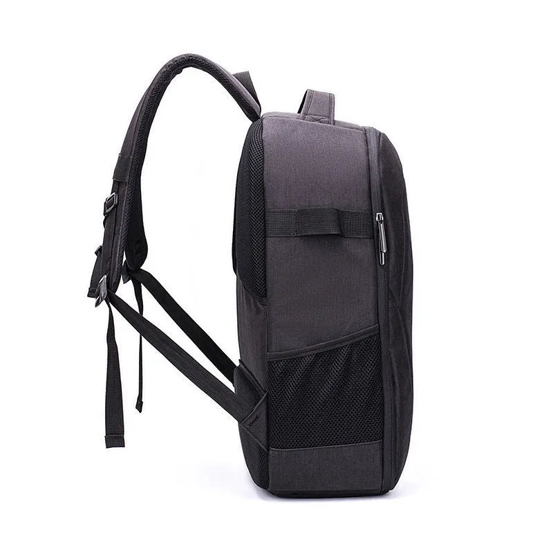 Black Oxford cloth drone backpack showing 52cm compartment with computer and camera pockets