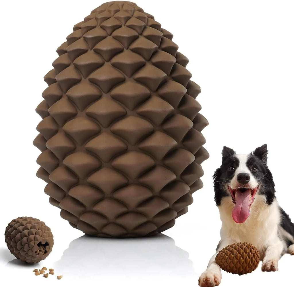 Pine cone-shaped yellow dog toy with treat dispenser, natural rubber, for medium to large dogs