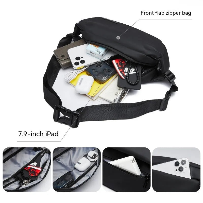 Black men's messenger bag with cross-body strap, Oxford cloth exterior, and street-trend design