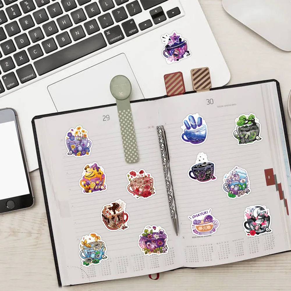 Pack of 50 colourful tea cup graffiti stickers in Nordic style for DIY luggage and scooter decoration