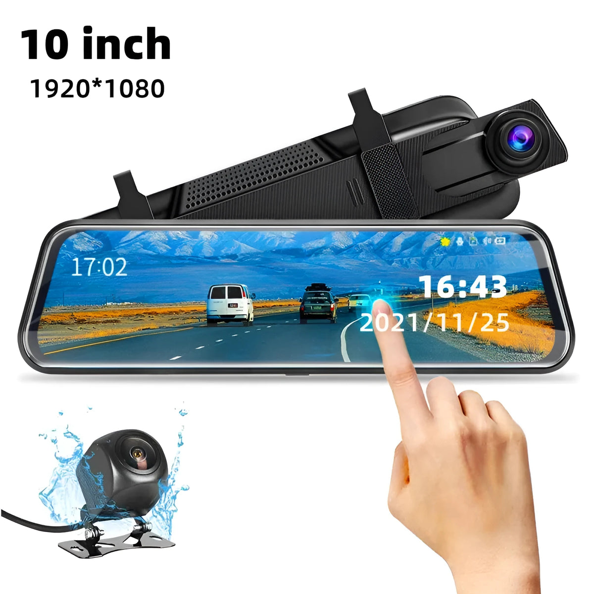 Black 10-inch rear view mirror dash cam with dual recording, 170-degree angle, and touch screen