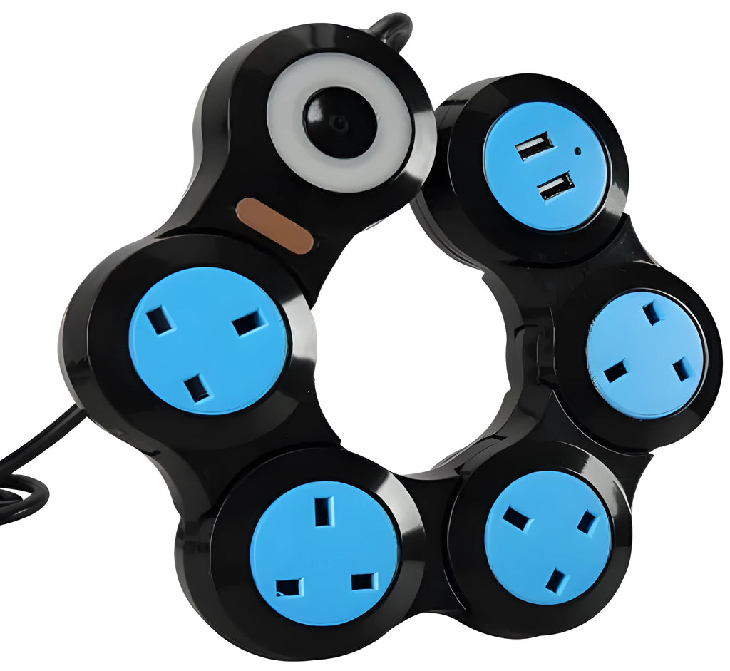 UK standard five socket extension lead with two USB charging ports and 4 metre cable