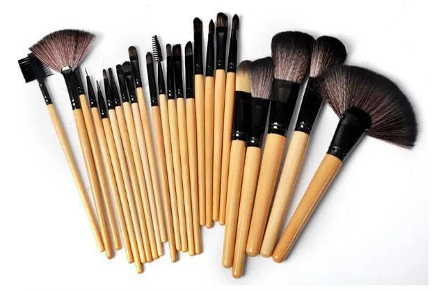 24-piece professional makeup brush set with wooden handles in protective PU gift bag packaging