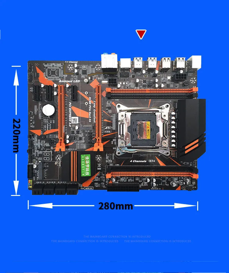 X99 motherboard with black PCB, LGA2011-3 socket, four DDR4 slots, dual PCI-E x16 slots, and M.2 interface