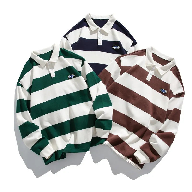 Striped Hong Kong style pearl cotton polo shirt with sweater lapel in loose fit for autumn wear