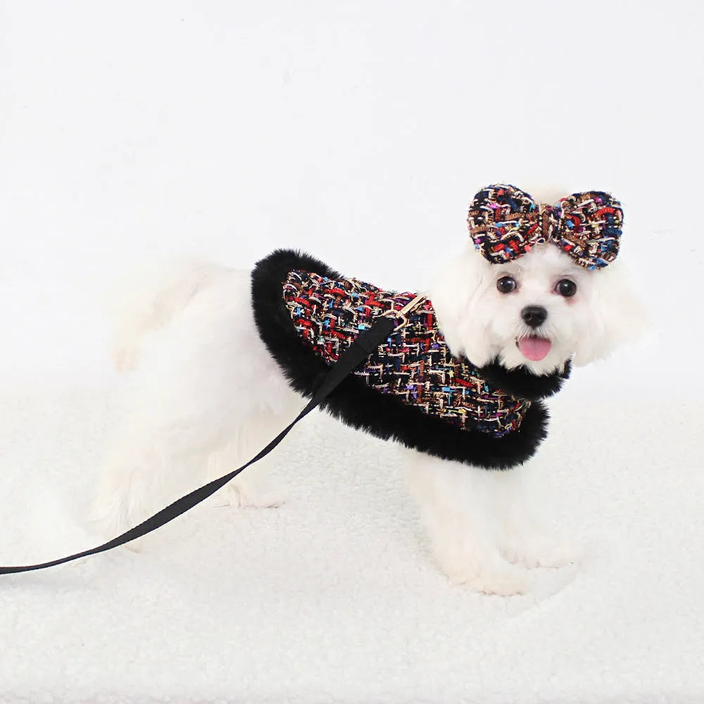 Classic style dog cloak attached to chest strap with integrated hand holding rope in beret, bow, and plain designs