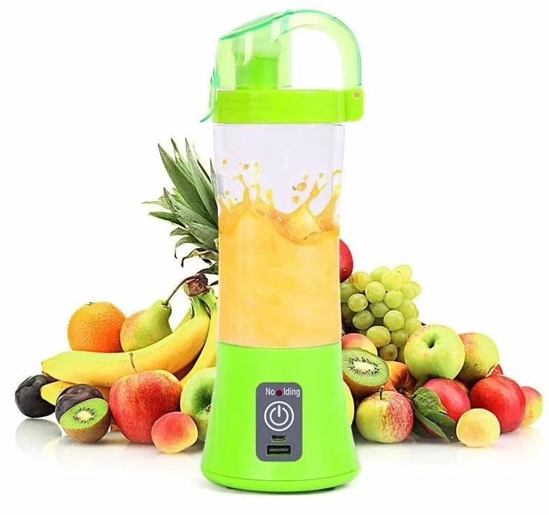 Blue handheld USB rechargeable electric juicer with 400ml cup and blending blade.