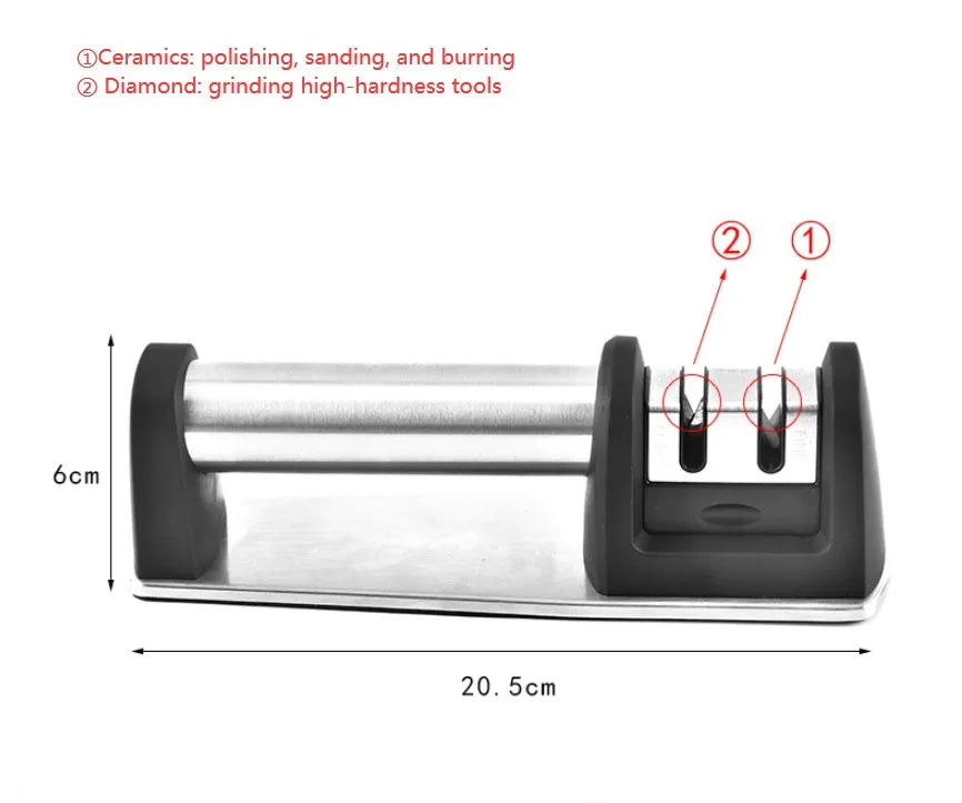 Black kitchen sharpener with 20-degree angle guide and non-slip ABS base for knife maintenance