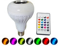 White smart LED bulb with Bluetooth speaker and remote control for multi-colour lighting.