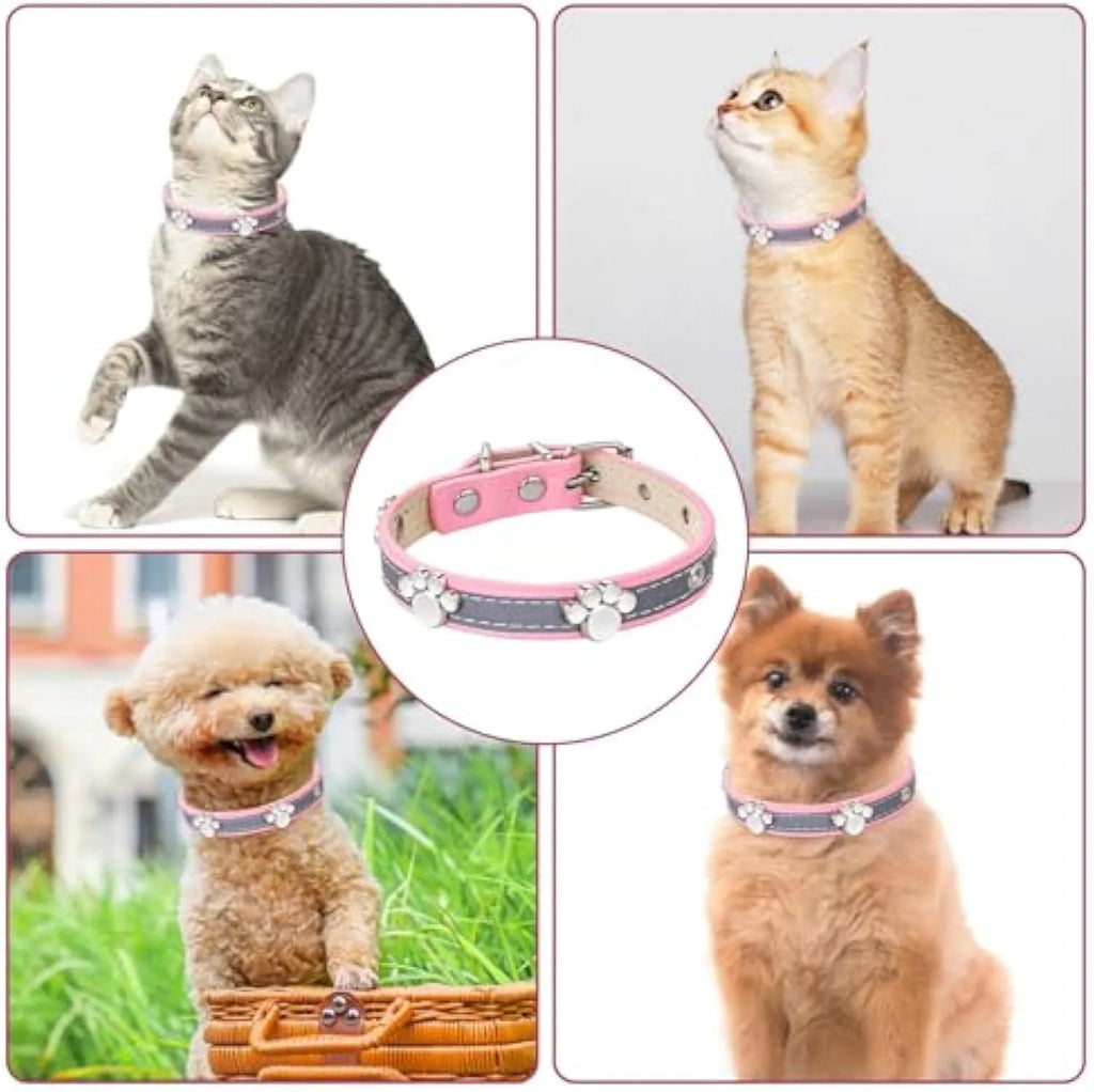 Reflective adjustable dog collar with decorative paw rivet on soft PU leather