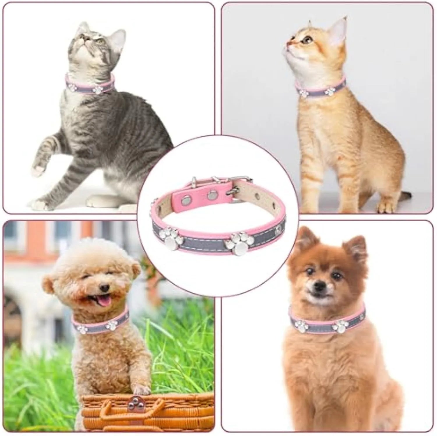 Reflective adjustable dog collar with decorative paw rivet on soft PU leather