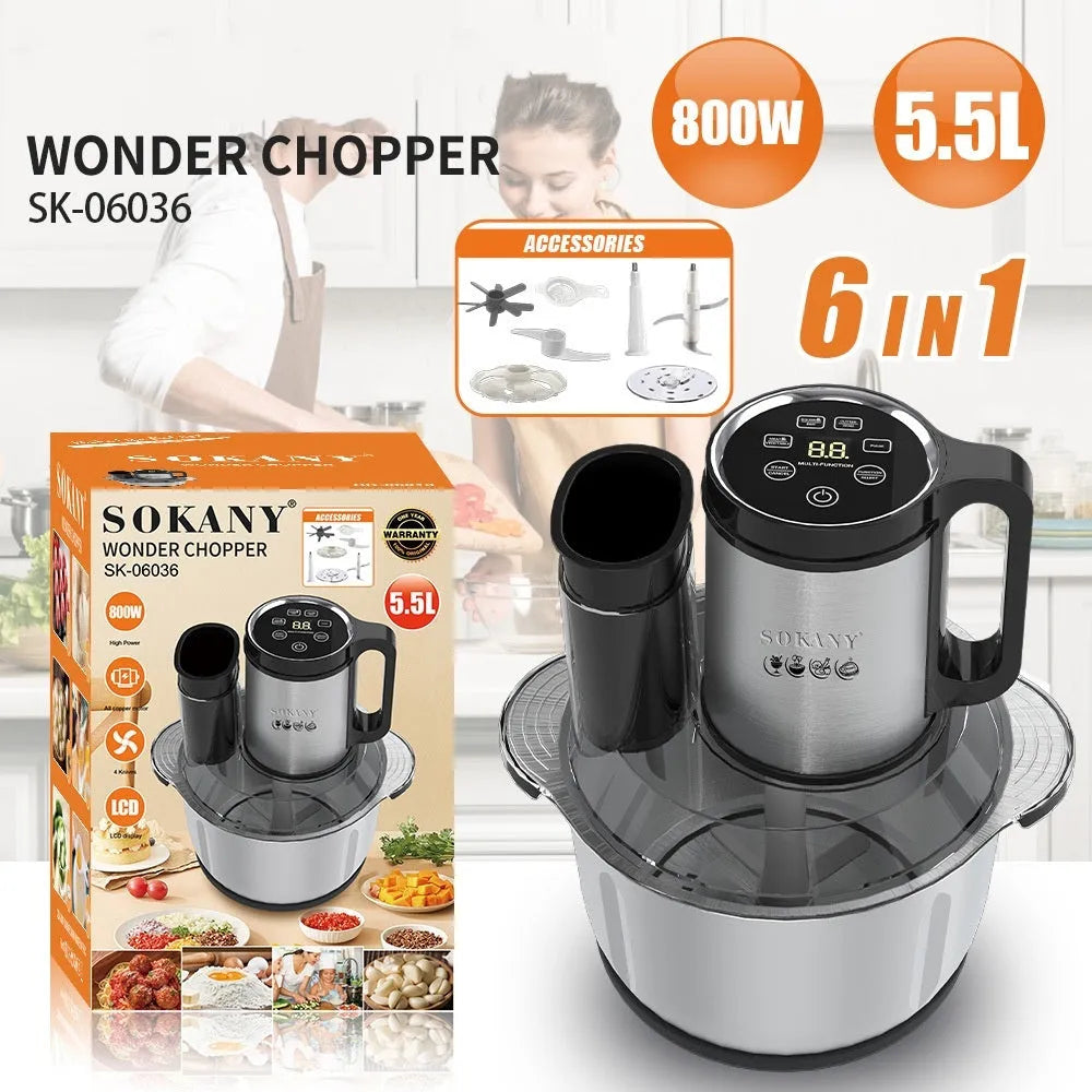 Stainless steel meat grinder with 5-10L capacity bowl and adjustable speed control for baby food and sausage preparation