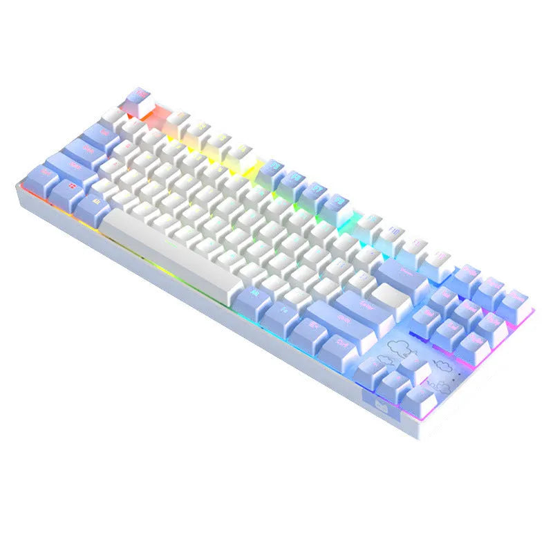 Wireless mechanical keyboard with metal frame in blue-white colour scheme showing backlit keys and USB-C charging port