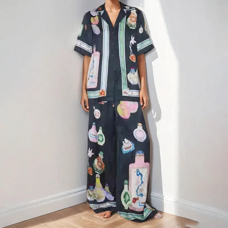 Women's black casual set with cartoon animation pattern, cardigan and trousers in sizes S to 3XL